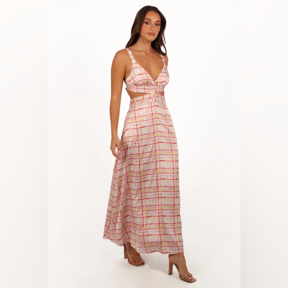 Petal & Pup Sydney Cut Out Satin Maxi Dress Size Medium Sunset Check Pink Red